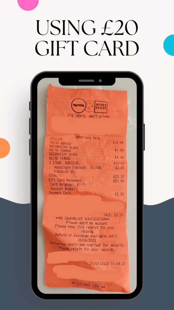 A mobile phone displays a receipt from TK Maxx showing a £20 gift card redemption on home decor items via jamdoughnut. The background is light with colourful dots and the text “USING £20 GIFT CARD” above the phone.