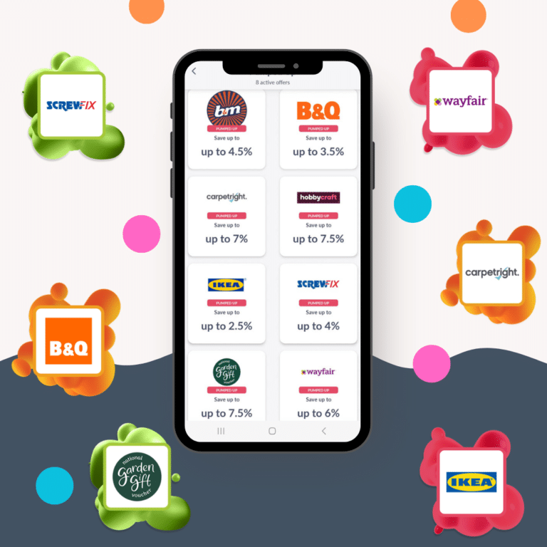 A smartphone displays the jamdoughnut cashback app, showing savings from retailers like Screwfix, B&M, Wayfair, Carpetright, Hobbycraft, B&Q, Garden Gift, and IKEA. Colourful retailer logos surround the phone on a white background.