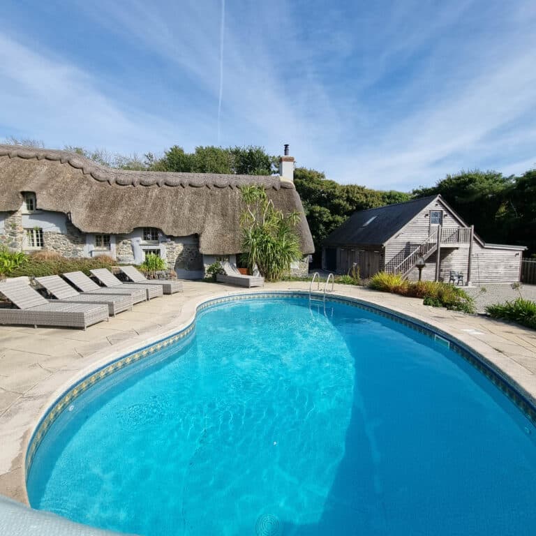 A clear blue swimming pool surrounded by stone paving and several loungers sits before a traditional thatched-roof cottage and a wooden building, offering inviting pool benefits amid trees and a bright blue sky.