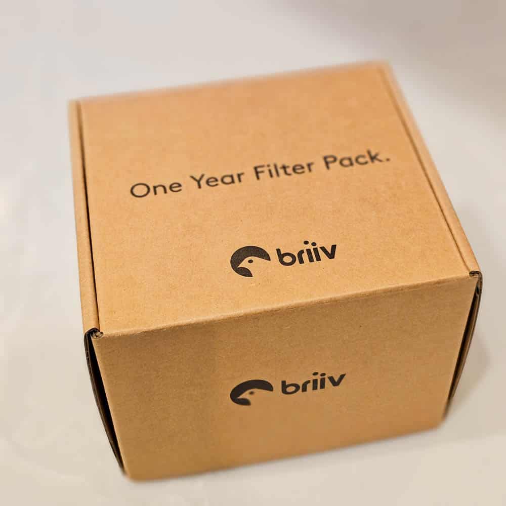 A brown cardboard box with the text One Year Filter Pack and the Briiv logo printed on the top and side, placed on a light surface—an essential choice for your Briiv Air Purifier, perfect for your One Year Update.
