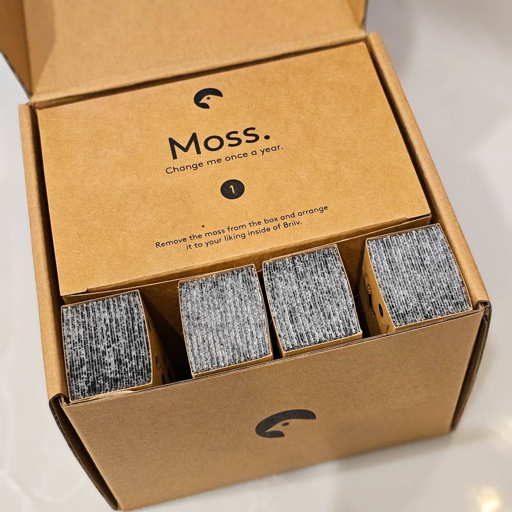 A brown cardboard box labelled Moss, perfect for your Briiv Air Purifier. Change me once a year. Contains four individually packaged rectangular moss refills, with instructions printed inside the box lid for easy updates and use.