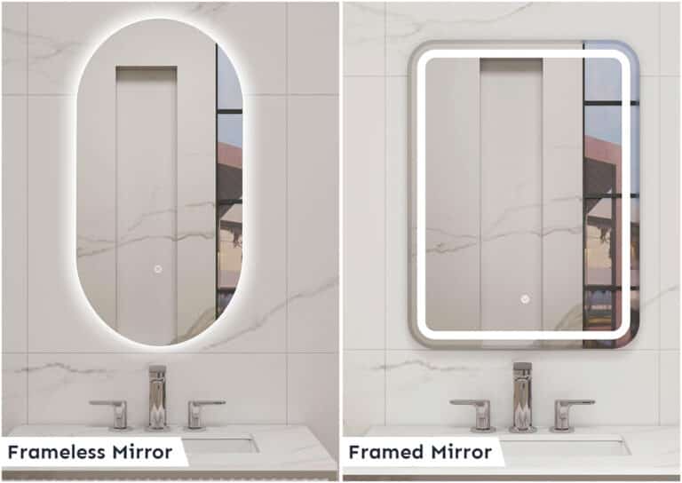 Side-by-side comparison for mirror selection: the left features a frameless mirror with backlighting, whilst the right showcases a framed mirror with rounded corners and backlighting. Both are mounted on elegant marble walls.