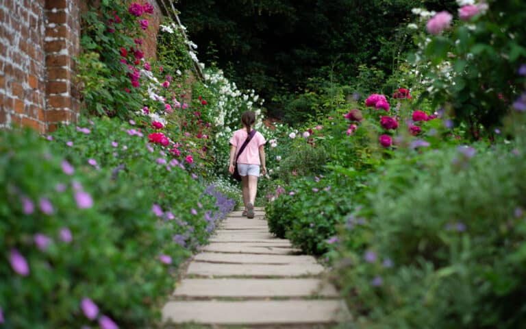 A young girl wearing a pink shirt and white shorts walks along a stone path surrounded by vibrant blooming flowers and greenery—a peaceful contrast to the tension couples may feel during common divorce issues.