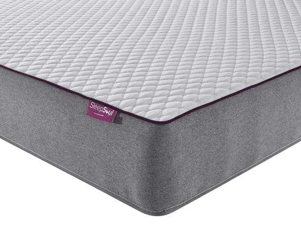 Close-up of a mattress corner with a white, quilted top surface and grey fabric sides—a perfect pick from the Best Beds for Summer collection, featuring a small SleepSoul brand tag attached to the edge.