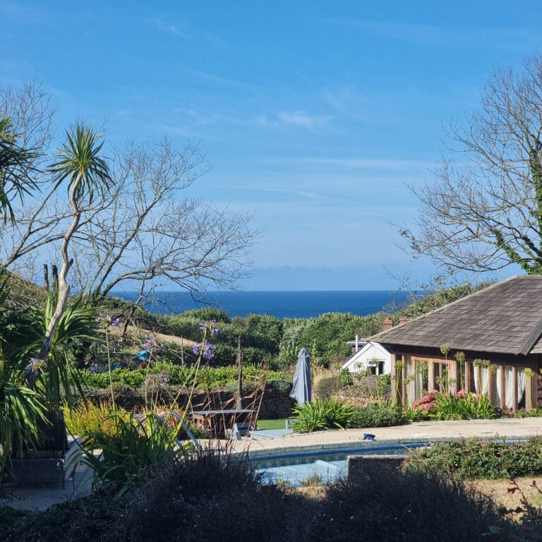 A lush garden with tropical plants and trees surrounds a small swimming pool. In the background, a wooden house designed for coastal homes in Portsmouth overlooks a sea view under a clear blue sky.