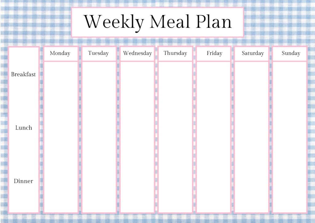A blank weekly meal planner chart designed for family meal prep, with columns for each day and rows for breakfast, lunch, and dinner, set on a blue and white chequered background to help you save time.