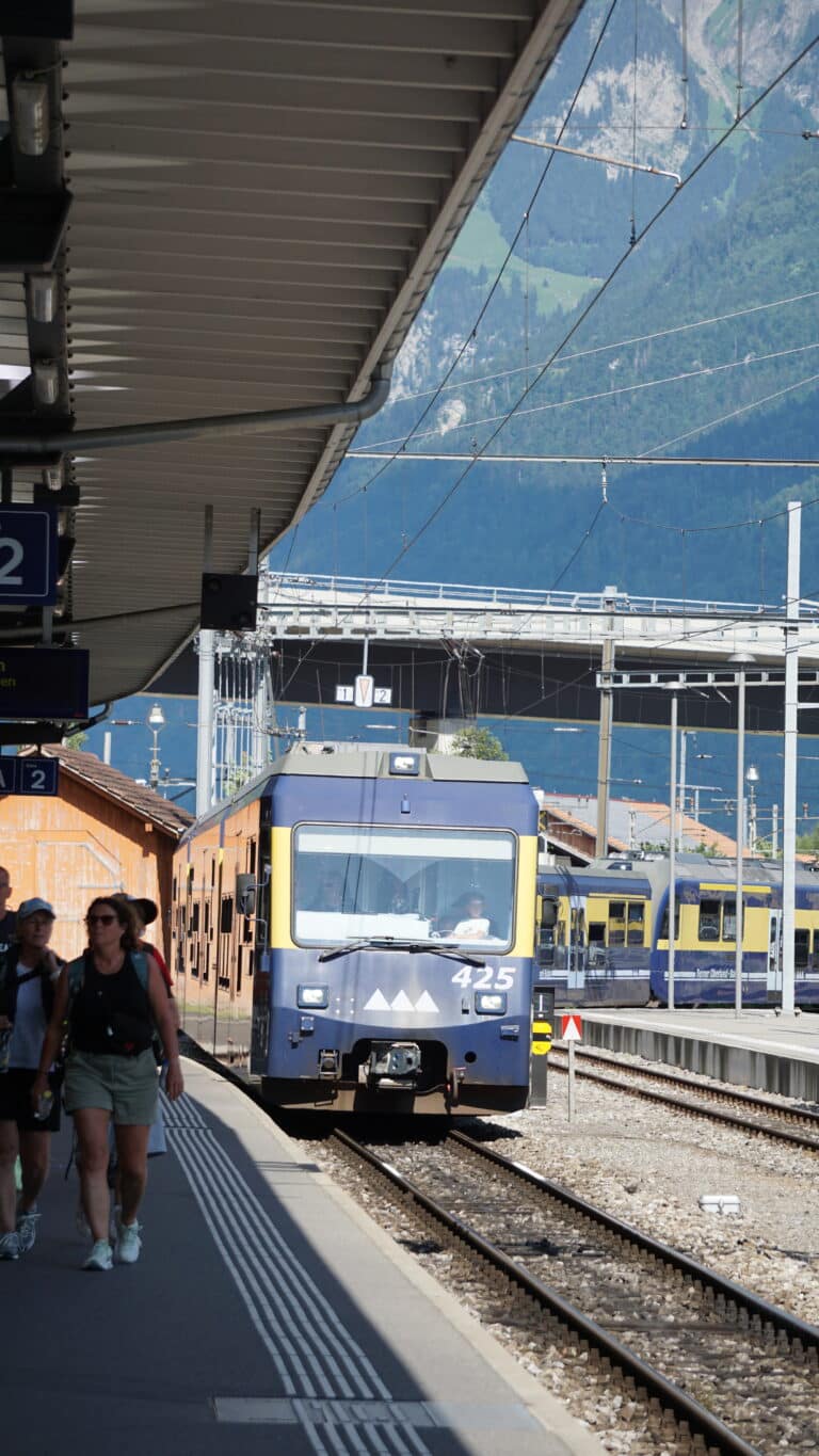 A blue train numbered 425 approaches a station platform with people walking alongside, promising seamless travel. Mountains and a flyover rise in the background under a clear sky.