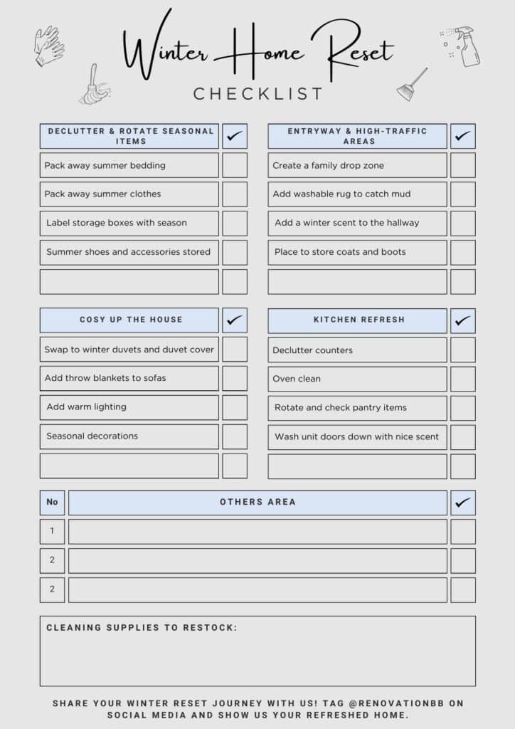 Winter Home Reset checklist for refreshing your home for the winter with tasks under declutter, entryway, cosy up the house, kitchen refresh, and more. Includes notes sections, cleaning supplies to restock, and decorative winter-themed icons.