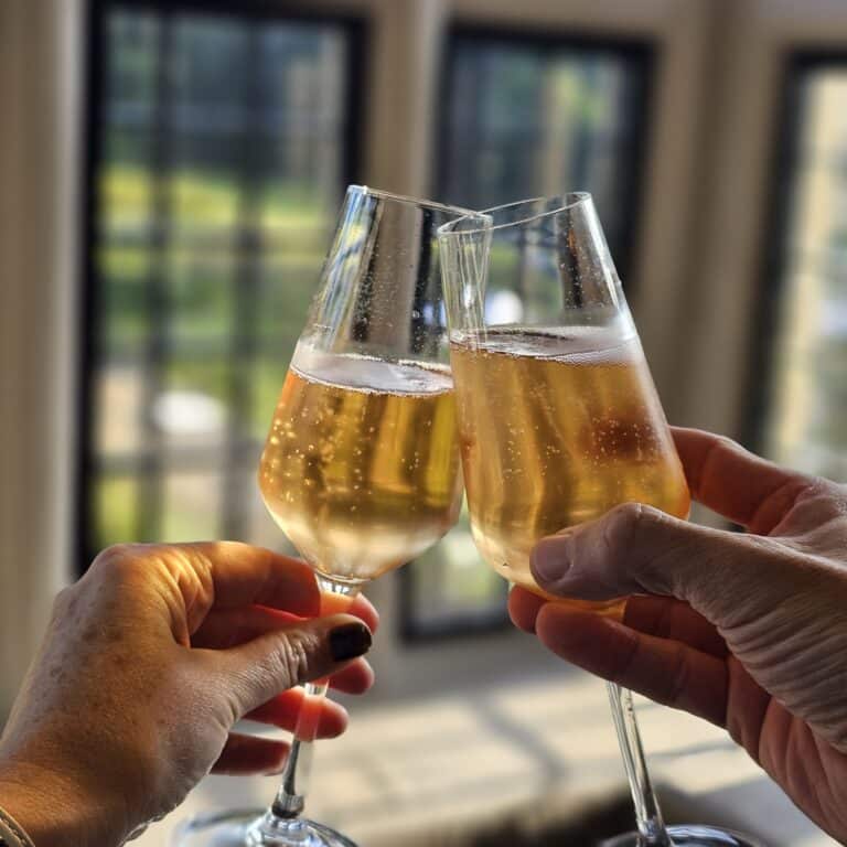 Two hands clink glasses of sparkling wine in a toast, sunlight streaming through large windows. The festive scene hints at a celebratory milestone—perhaps marking success with your property solicitor.