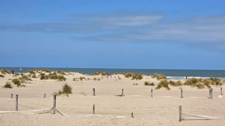 Sandy beach with sparse grass-covered dunes, wooden posts, and netting in the foreground; a few people are walking near the shore under a blue sky with some clouds