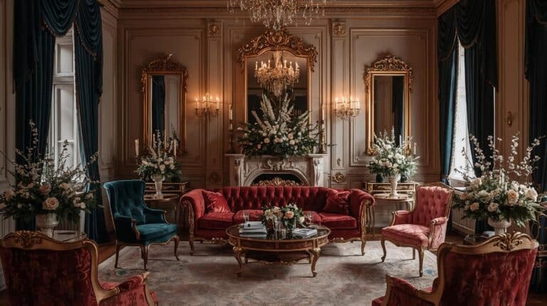 An elegant, ornate living room with red velvet chairs and sofas, gold accents, floral arrangements, a chandelier, tall mirrors, and a decorative fireplace—a luxurious, vintage space with Bridgerton inspired décor.